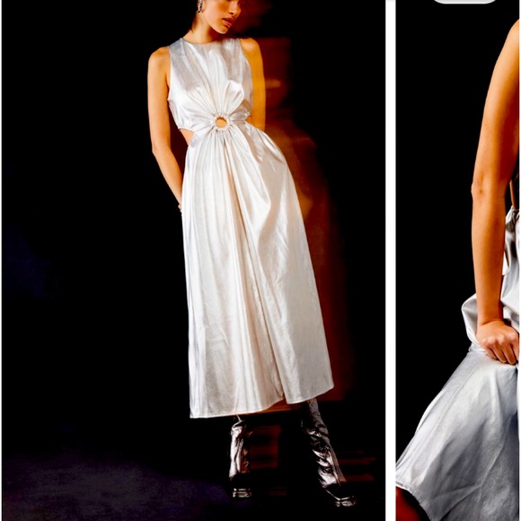 JULES KAE BOLD SHINY SILVER MIDI DRESS W/O-RING FRONT DETAIL AND SIDE CUTOUTS S - Picture 3 of 9